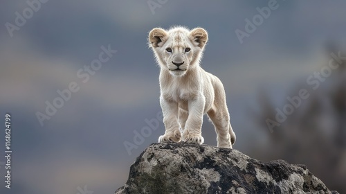 A rare white lion standing proudly on a rock in its remote African habitat, the striking color of its coat and majestic posture making it a symbol of natural beauty. photo