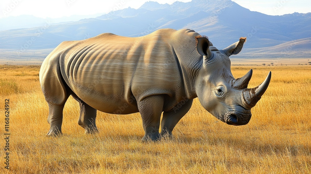 Fototapeta premium A rare white rhino grazing in a serene African savanna, its massive frame standing out against the golden grass and distant mountains.