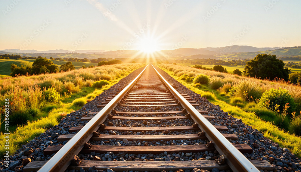 Railway tracks leading to sunset in open countryside, journey symbolism Railway tracks leading to sunset in open countryside, journey symbolism