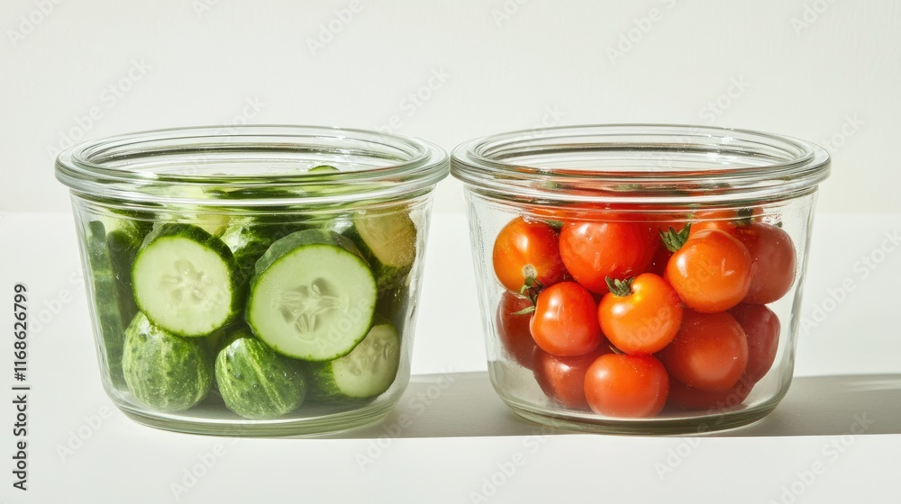 A shot of two glass jars filled with cucumbers and tomatoes, isolated on a white background, perfect for highlighting the freshness and texture of preserved vegetables. A shot of two glass jars filled with cucumbers and tomatoes, isolated on a white background, perfect for highlighting the freshness and texture of preserved vegetables.