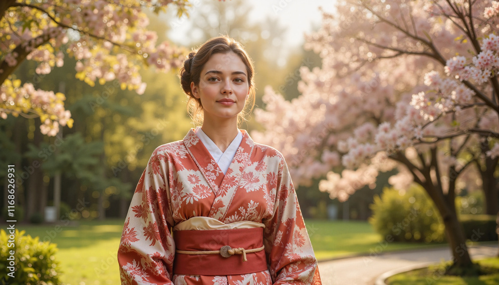 Elegant woman in kimono enjoying serene Japanese garden, tranquility Elegant woman in kimono enjoying serene Japanese garden, tranquility