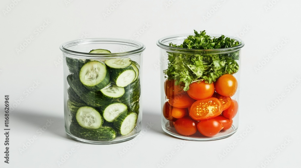 A side view of two glass jars filled with pickled cucumbers and tomatoes, set against a white background, showcasing fresh preserved vegetables. A side view of two glass jars filled with pickled cucumbers and tomatoes, set against a white background, showcasing fresh preserved vegetables.