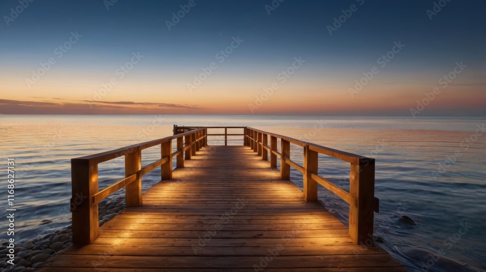 wooden pier path illuminated by a warm glow sunset wooden pier path illuminated by a warm glow sunset
