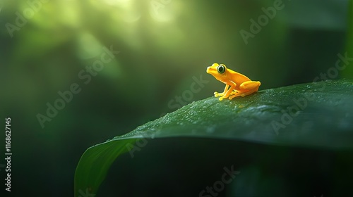 A small but vibrant golden poison dart frog perched on a leaf in the Amazon rainforest, its striking yellow color glowing against the deep green backdrop. photo