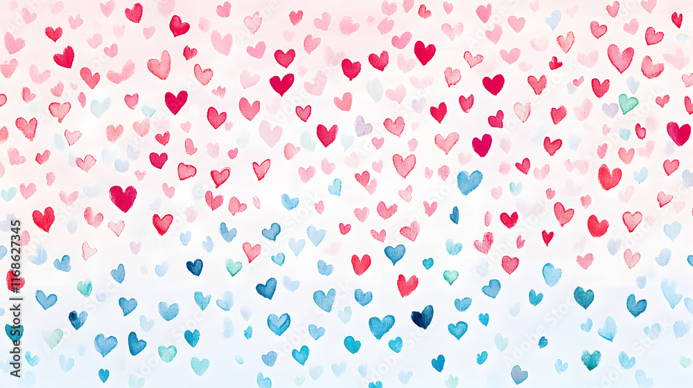 Bright and colorful heart motifs scattered randomly create joyful atmosphere