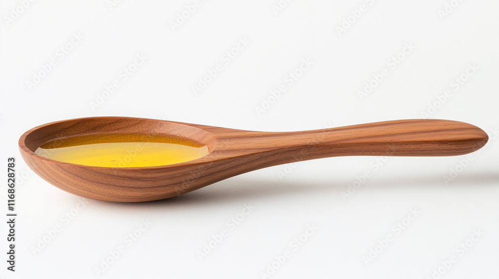 Golden oil in a wooden spoon on white. Golden oil in a wooden spoon on white.