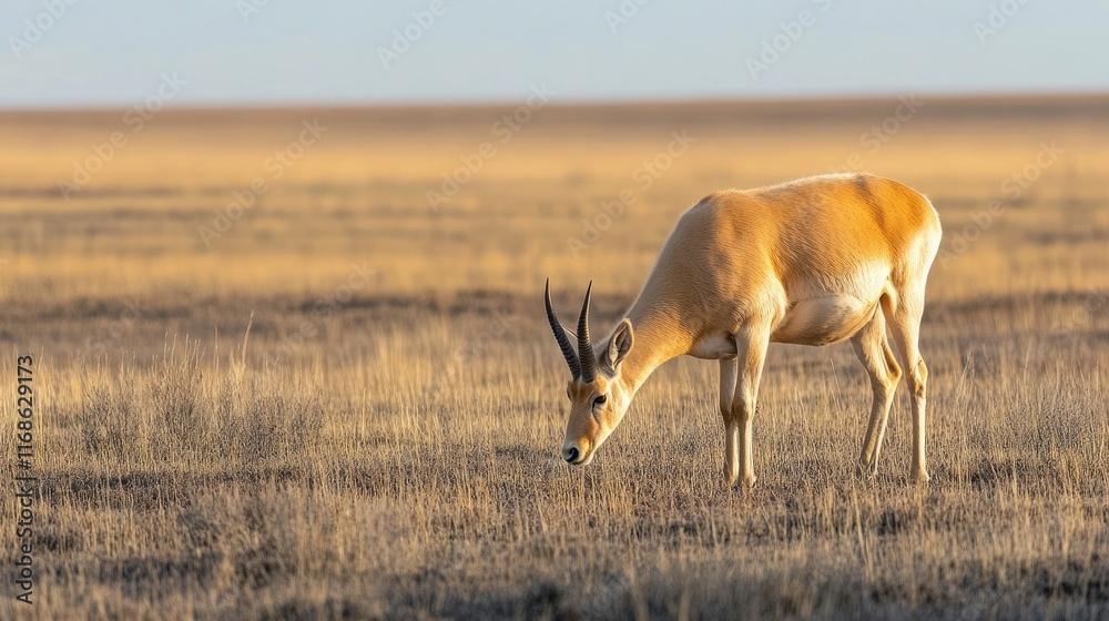 Naklejka premium A large and endangered saiga antelope grazing in the open Eurasian steppe, its unique bulbous nose and slender legs making it a rare sight.