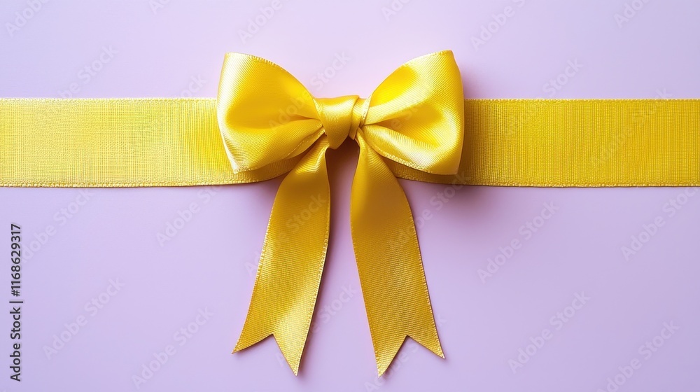 A yellow ribbon bow on a soft pink background for decoration. A yellow ribbon bow on a soft pink background for decoration.