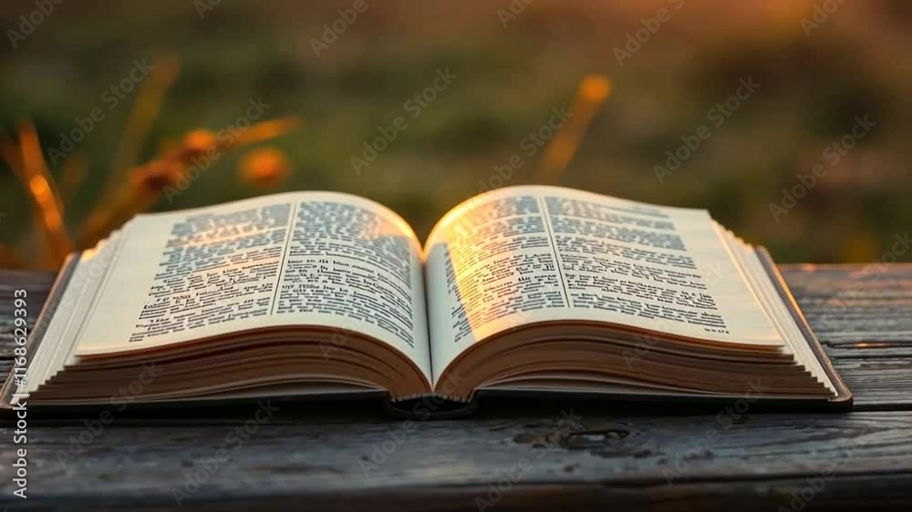 Open Book on Wooden Table at Sunset Open Book on Wooden Table at Sunset