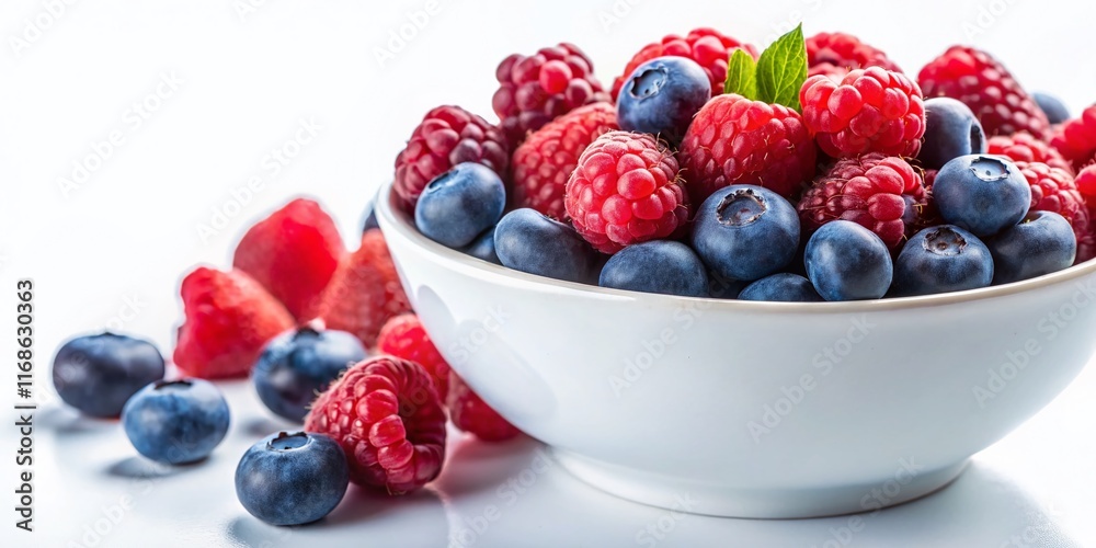 Fresh Raspberries and Blueberries in White Bowl – Summer Berry Closeup Fresh Raspberries and Blueberries in White Bowl – Summer Berry Closeup