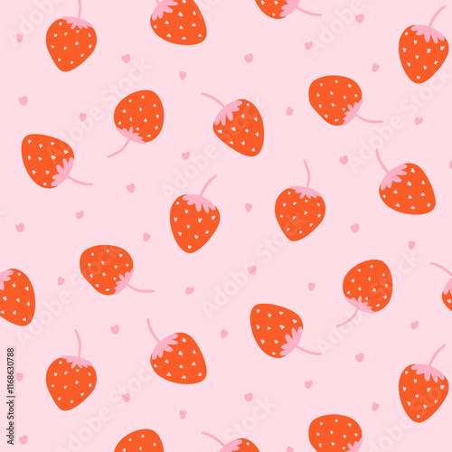 Simple seamless pattern with strawberries and hearts on a pink background. Cute summer print with red berry for wrapping paper, fabric, wallpaper. Vector texture
