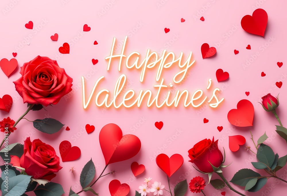 Romantic Valentine's Day design featuring red roses, small hearts, and a festive message surrounded by love-themed elements on a soft background. Romantic Valentine's Day design featuring red roses, small hearts, and a festive message surrounded by love-themed elements on a soft background.