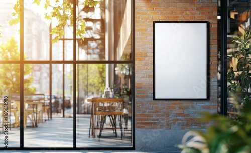 Blank vertical poster mockup on brick wall of cafe. photo