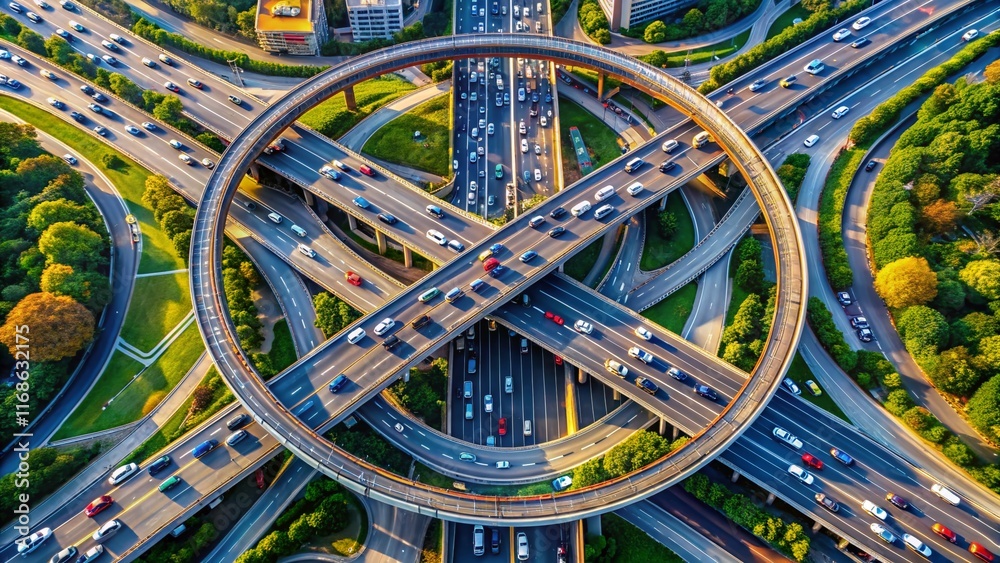 Aerial Panoramic View of Busy Highway Interchange and Roundabouts - Traffic Congestion Stock Photo Aerial Panoramic View of Busy Highway Interchange and Roundabouts - Traffic Congestion Stock Photo