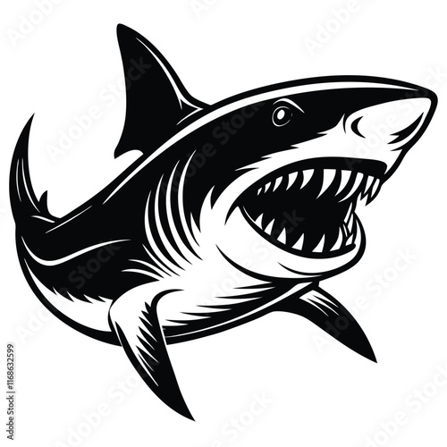 Monochrome shark illustration, aggressive pose, open jaws, sharp teeth, stylized vector art, high contrast black and white, dynamic composition, sleek lines, powerful predator, marine wildlife, graphi