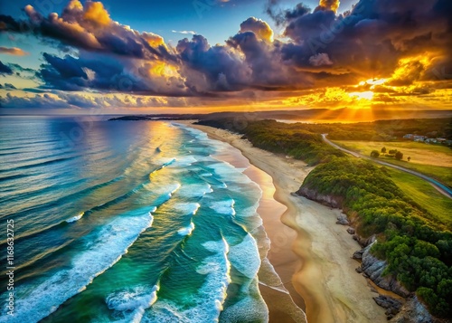 Aerial View: Breathtaking Sunset over Sandy Beach and Ocean