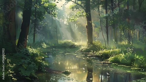 forest stream with sunlight filtering photo