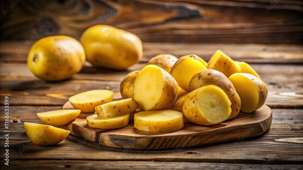 Fresh Yellow Potatoes Cut into Segments, Rustic Wooden Background Fresh Yellow Potatoes Cut into Segments, Rustic Wooden Background