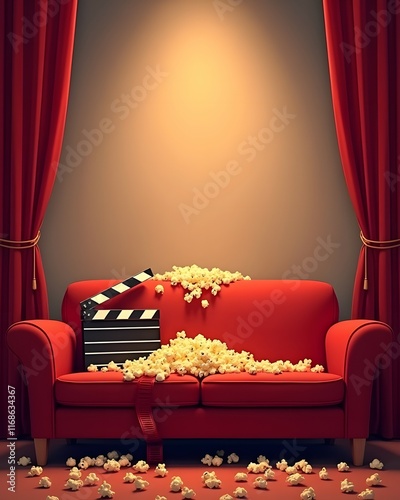 Cinema poster with red sofa, spilled popcorn and a movie clapperboard on a backdrop with red curtains