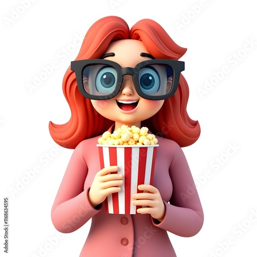 Female character in big glasses holding popcorn, isolated on white background