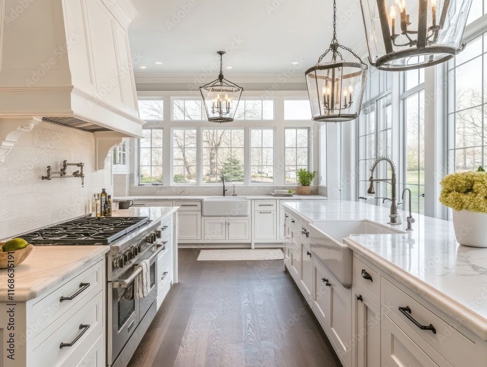 Fototapeta premium Elegant White Kitchen With Island And Large Windows