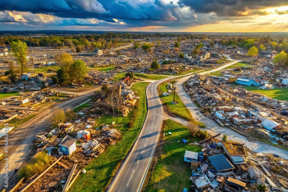 Fototapeta premium Aerial View Devastating EF5 Tornado Damage: Mile-Wide Path of Total Destruction