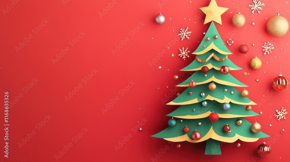 Christmas Tree: Decorated Christmas tree with ornaments. paper cut Art Style 3d Christmas Tree: Decorated Christmas tree with ornaments. paper cut Art Style 3d