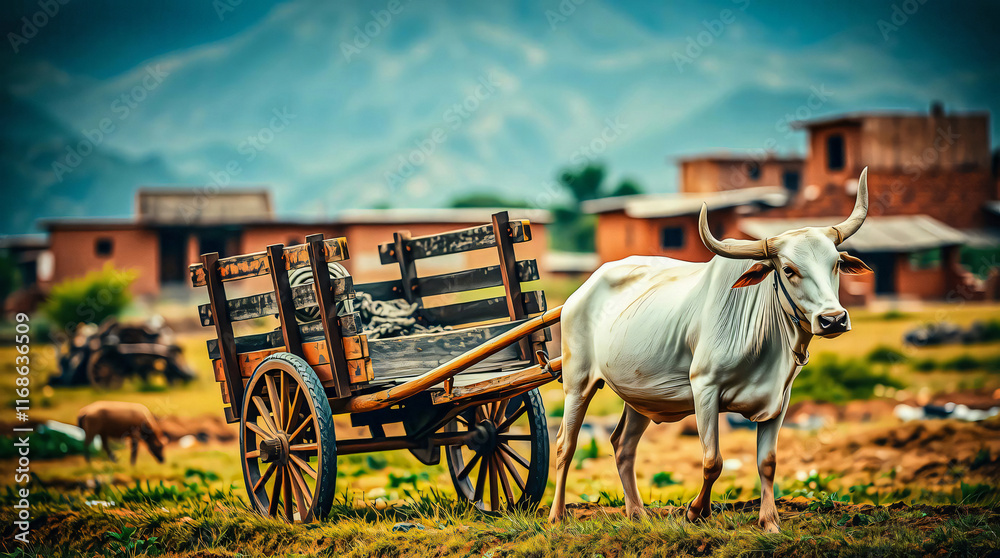 Obraz premium A serene rural scene with a white ox pulling a rustic wooden cart through tall grass. A small village nestled among rolling hills is set against a dramatic sky with dark clouds and patches of blue.