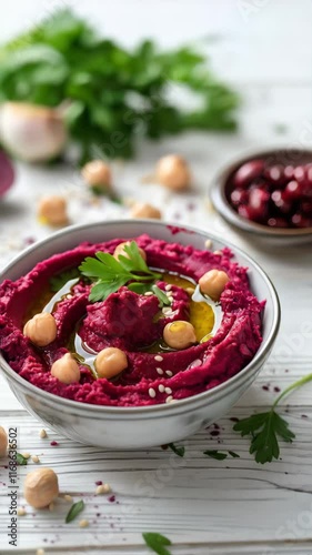 Wallpaper Mural Vibrant beetroot hummus in a white bowl garnished with chickpeas, oil, and seeds on a striped table Torontodigital.ca