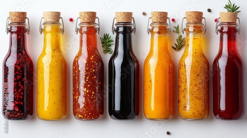 Condiment Bottles with Assorted Sauces Isolated on White Background. Generative AI