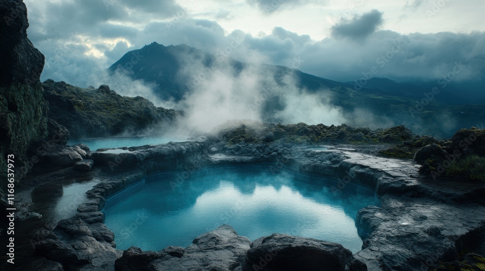 A serene geothermal pool surrounded by rocky terrain and misty mountains under a dramatic sky, perfect for relaxation and nature lovers. A serene geothermal pool surrounded by rocky terrain and misty mountains under a dramatic sky, perfect for relaxation and nature lovers.