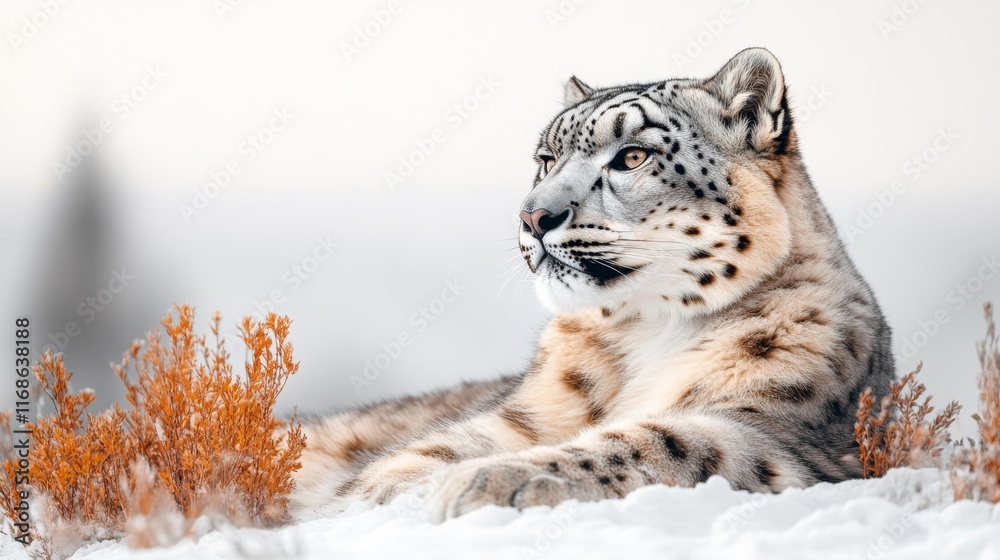 Obraz premium Snow Leopard Resting on White Background. Generative AI
