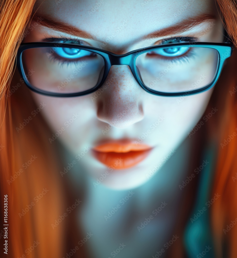 Intense gaze of a red-haired woman with glasses, striking blue eyes, and bold orange lips, showcasing a captivating expression, copy space for text Intense gaze of a red-haired woman with glasses, striking blue eyes, and bold orange lips, showcasing a captivating expression, copy space for text
