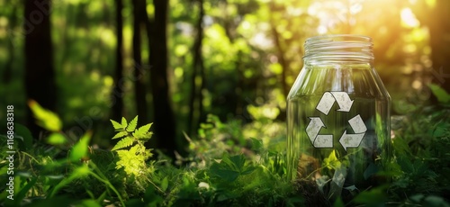 Recycling jar in lush green forest, symbolizing sustainability and environmental conservation, surrounded by vibrant foliage and sunlight, copy space for text