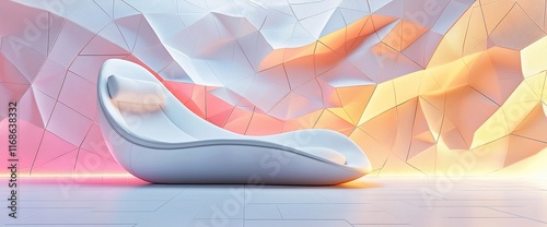 Modern white chaise lounge in a room with a geometric, colorful wall.