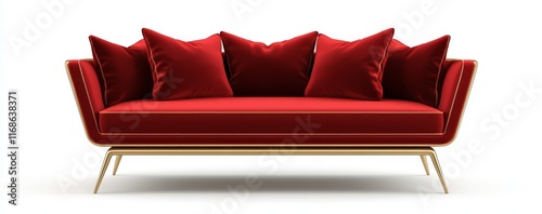 Red velvet sofa with gold legs and trim. photo