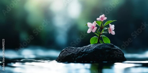 Pink flower growing on wet stone in water with bokeh background. Nature and wellness content