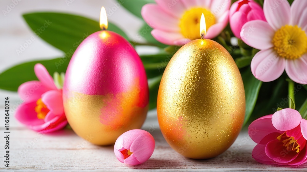 Obraz premium Vibrant easter eggs and flower arrangement with candles and bright blooms