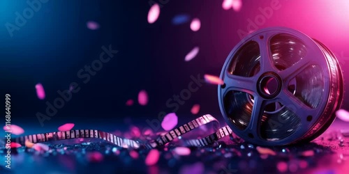 Film reel with pink and blue neon lights on dark surface. Cinema and entertainment content