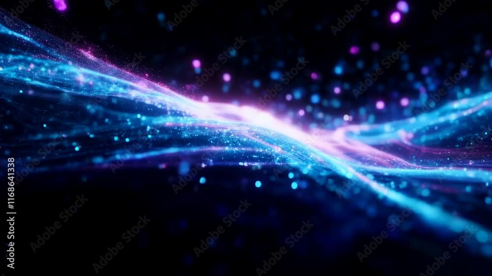 Blue and purple waves with glowing particles on dark background. Technology and data content