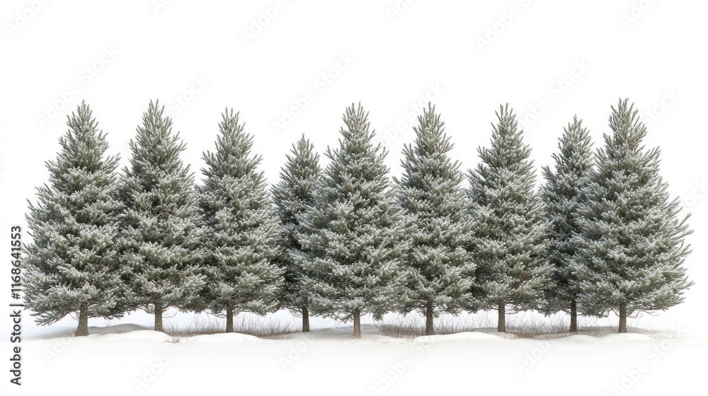 Fototapeta premium Row of snow-covered fir trees isolated on white.