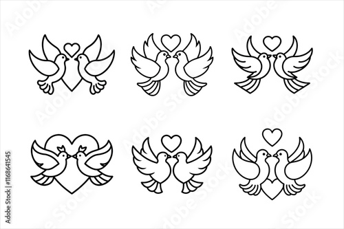 Line Art Pigeons and Hearts for Wedding Design photo