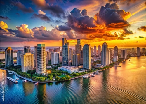 Aerial View of Downtown Miami Skyline & Biscayne Bay at Sunset