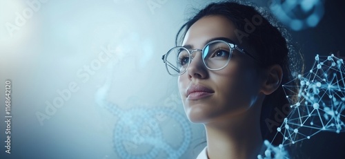 Contemplative woman with glasses gazing into future, surrounded by abstract molecular structures and digital elements, representing science and innovation, copy space for text