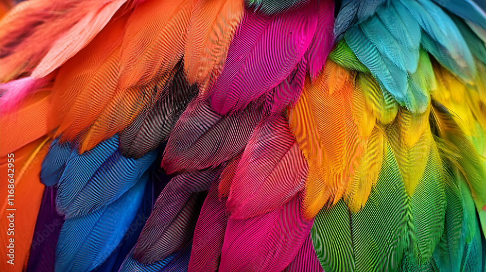 Fototapeta premium Colorful feathers, vibrant background, vivid colors, mobile phone wallpaper, mobile phone screen size, high definition, high resolution, high detail, high quality, high sharpness