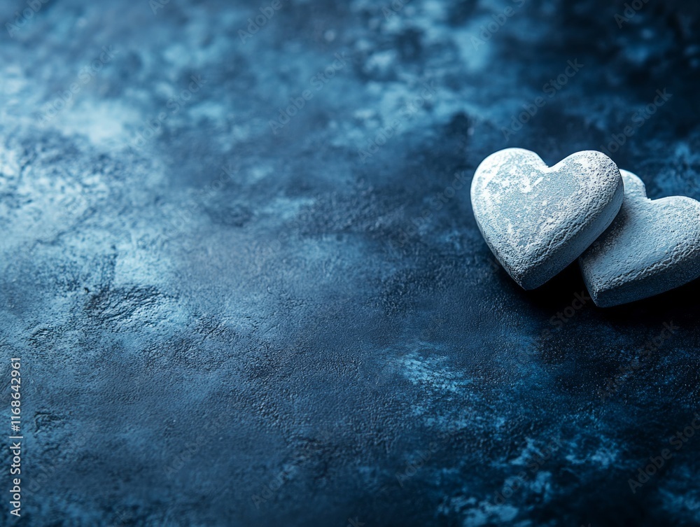 Fototapeta premium Two decorative hearts resting on a textured blue surface