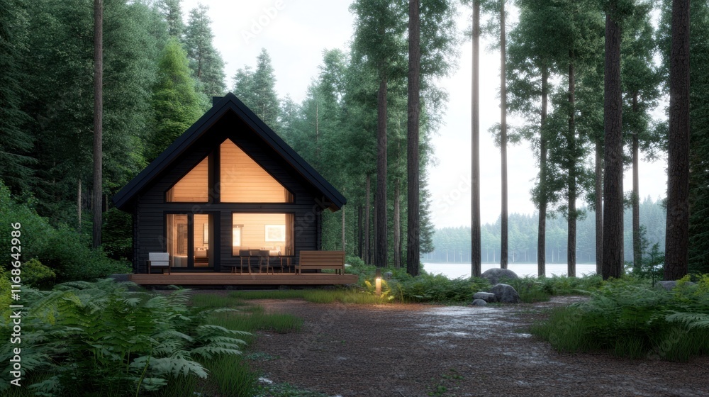 Cozy cabin surrounded by lush forest near a tranquil lake. Cozy cabin surrounded by lush forest near a tranquil lake.