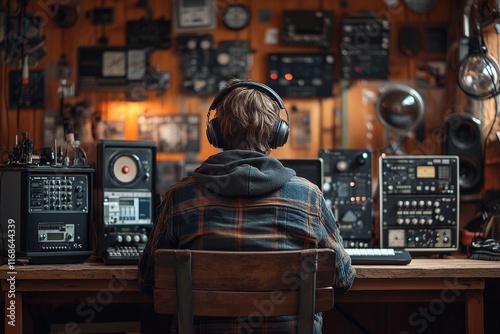 An amateur radio operator sitting at a desk, surrounded by vintage and modern radio equipment. Generative AI