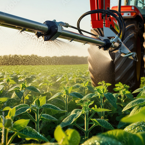 A tractor sprays pesticides on a soybean field using a sprayer in the spring
