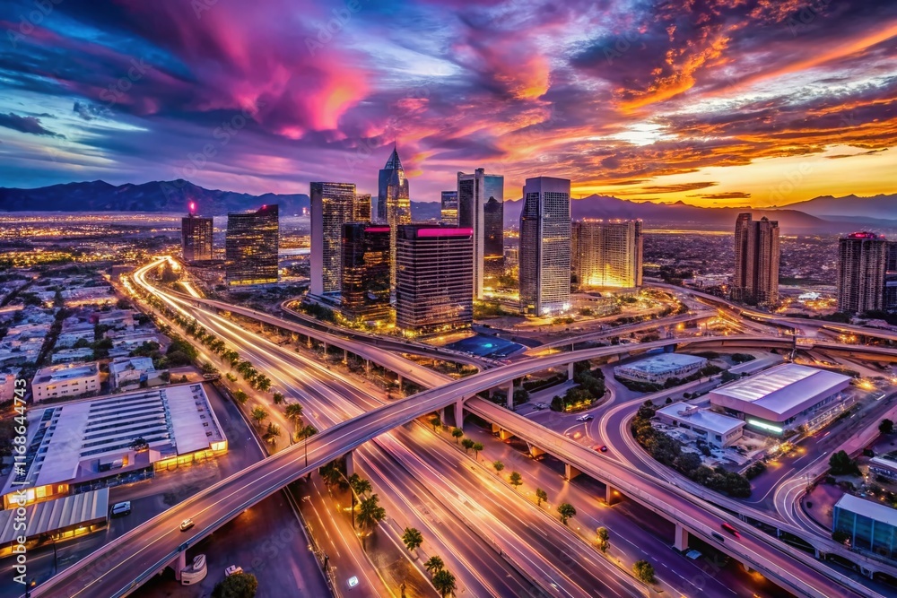 Obraz premium Aerial View of Las Vegas Traffic and Modern Buildings at Sunset, Purple Sky